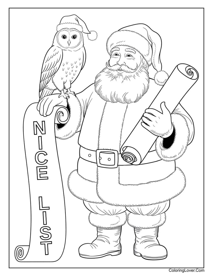 Santa Claus with owl and Nice List coloring page for kids
