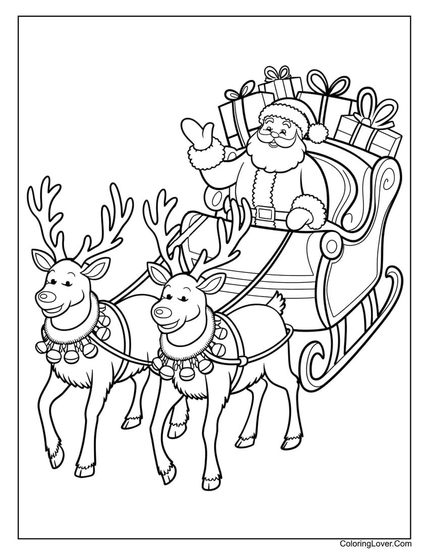 Santa in sleigh with reindeer coloring sheet
