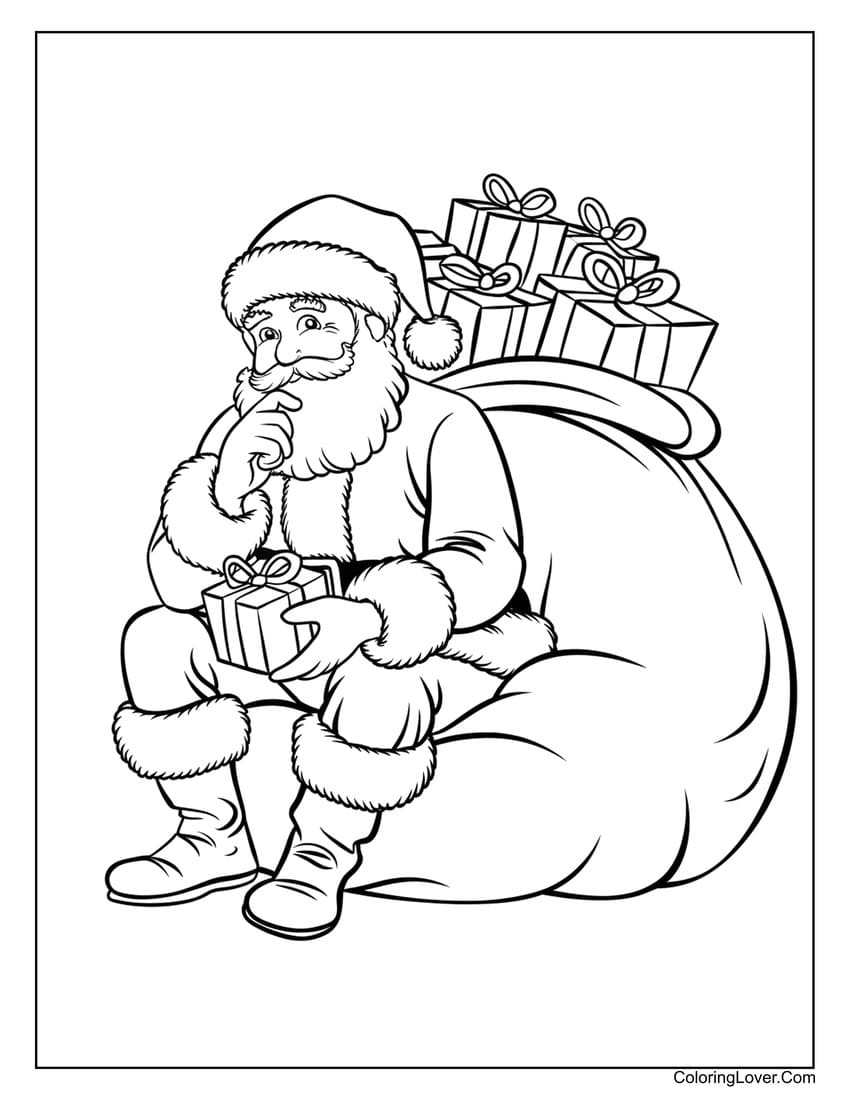 Santa sitting with big gift sack coloring sheet
