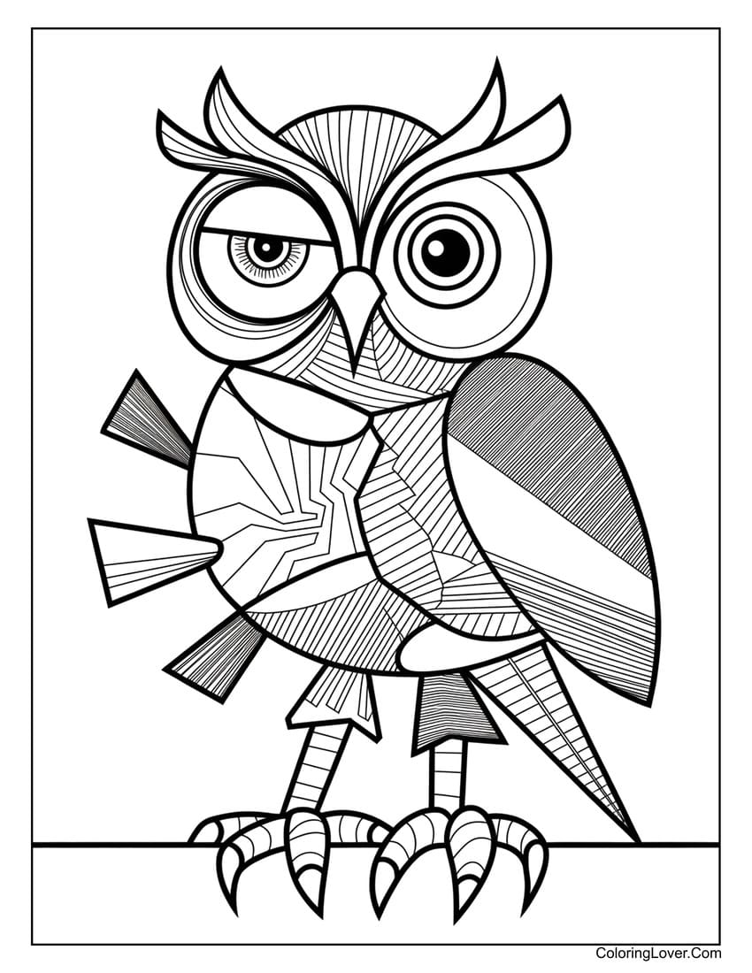 Abstract owl with geometric patterns coloring page for adults