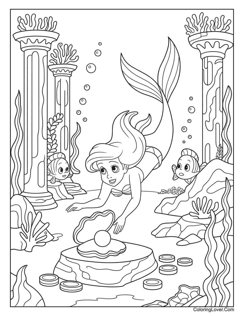 Ariel mermaid finding pearl in ocean ruins coloring page