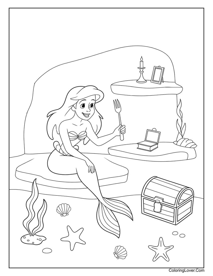 Ariel mermaid in her underwater treasure cave coloring page
