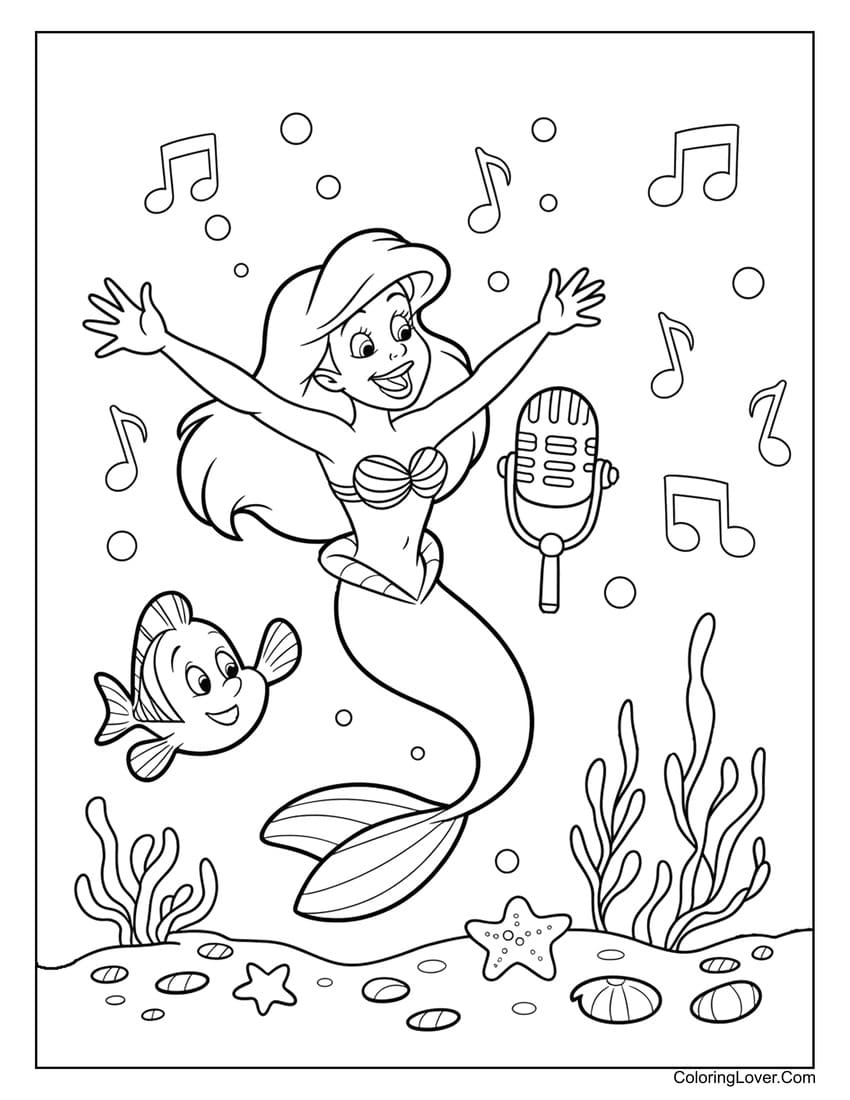 Ariel mermaid singing with fish underwater coloring page