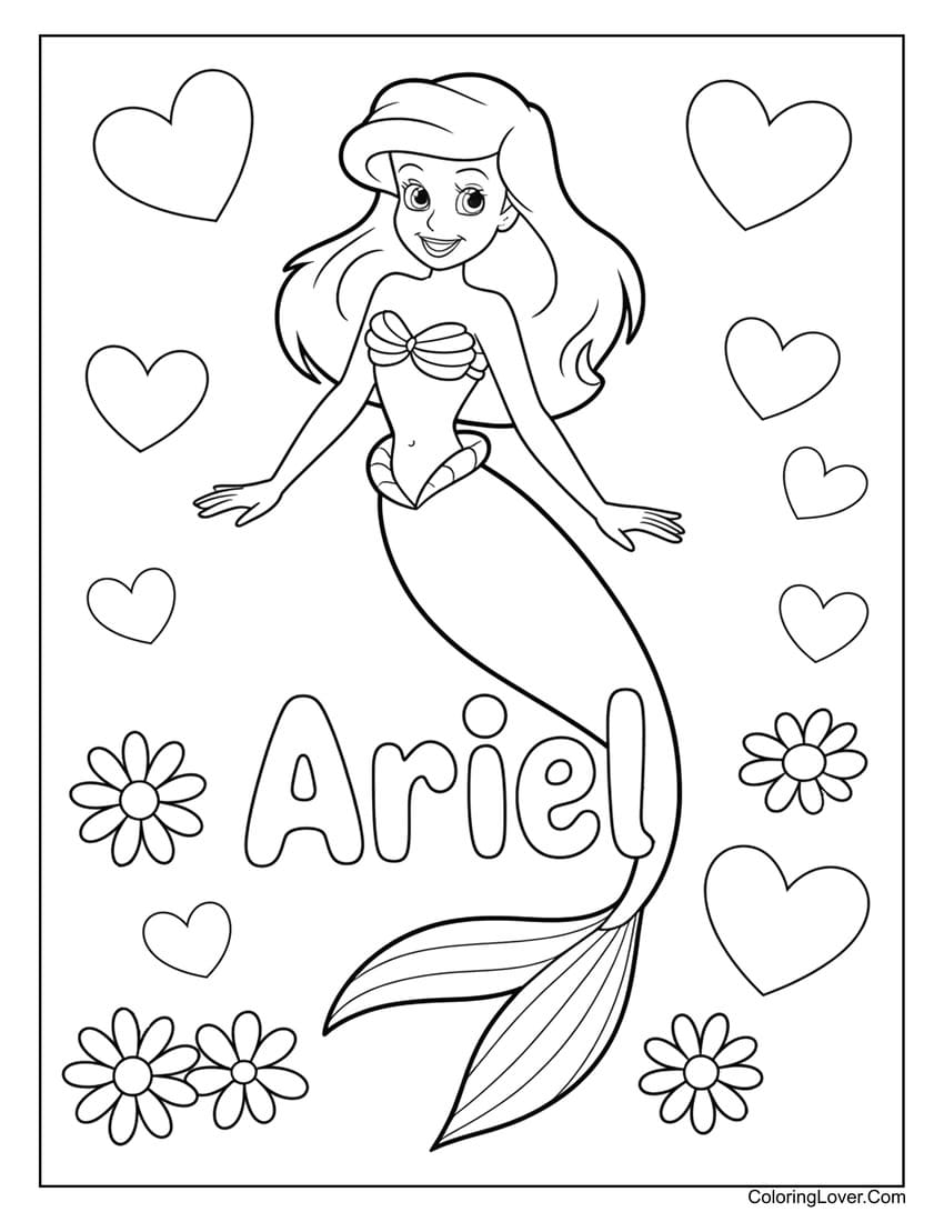 Ariel mermaid surrounded by hearts and flowers coloring page