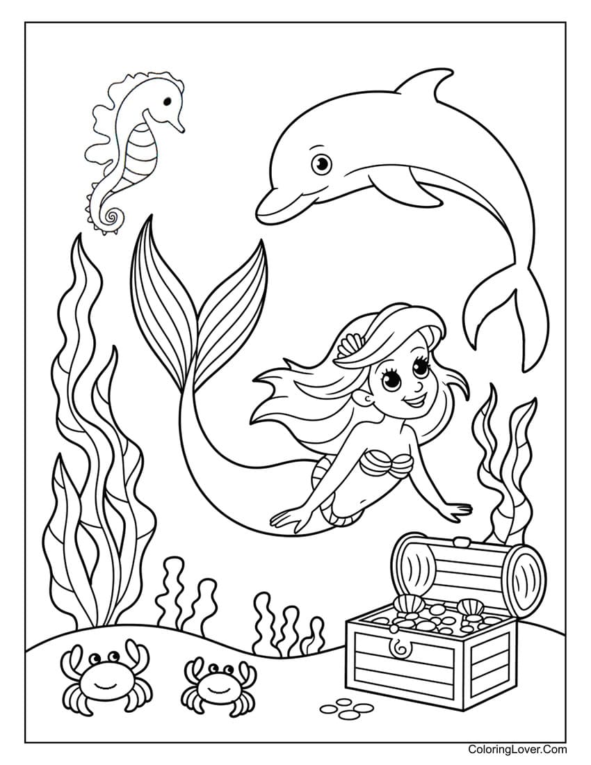 Ariel mermaid swimming with dolphin coloring page