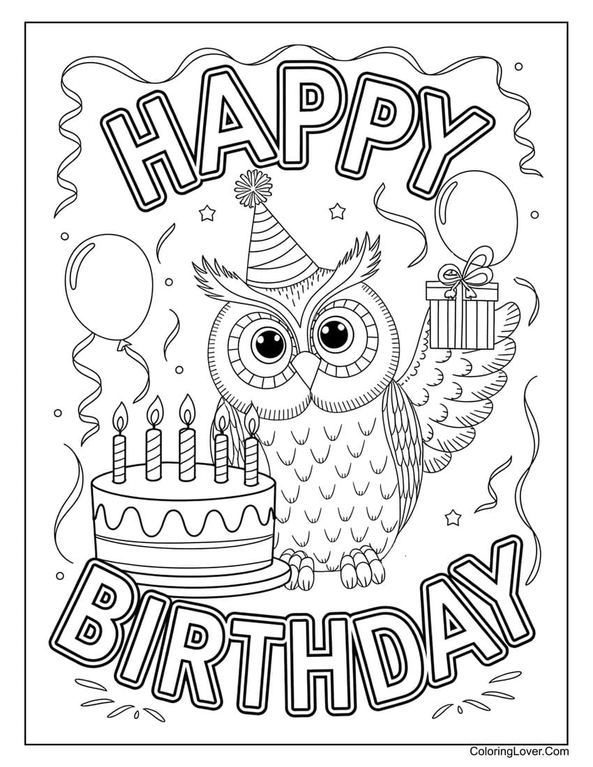 Birthday owl with cake coloring page