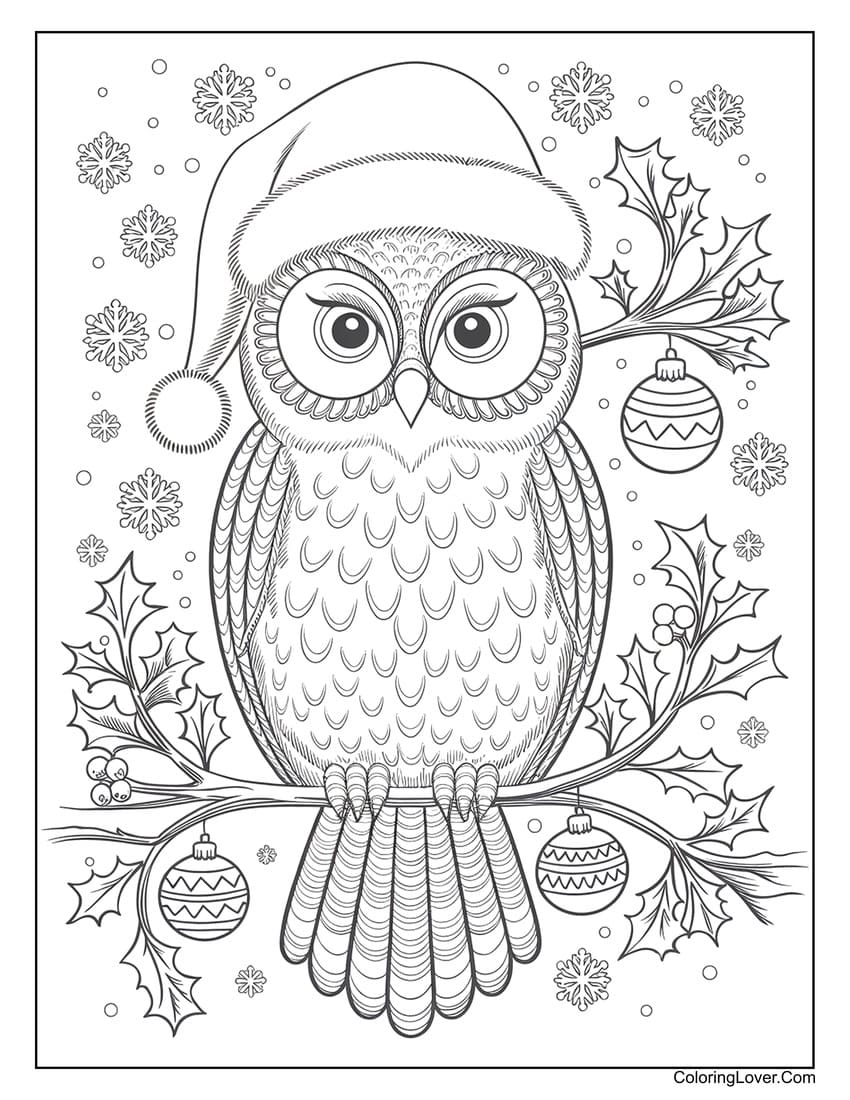 Christmas owl with holly coloring page