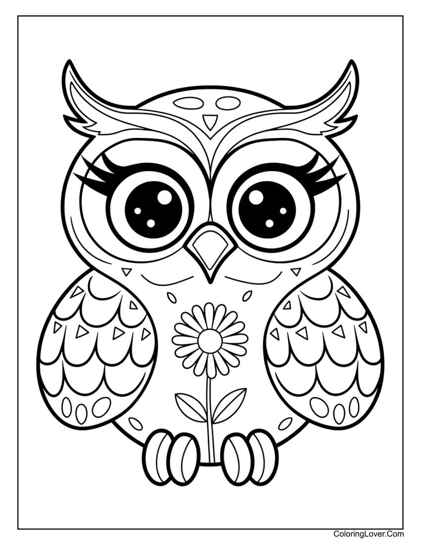 Cute baby owl with flower coloring page