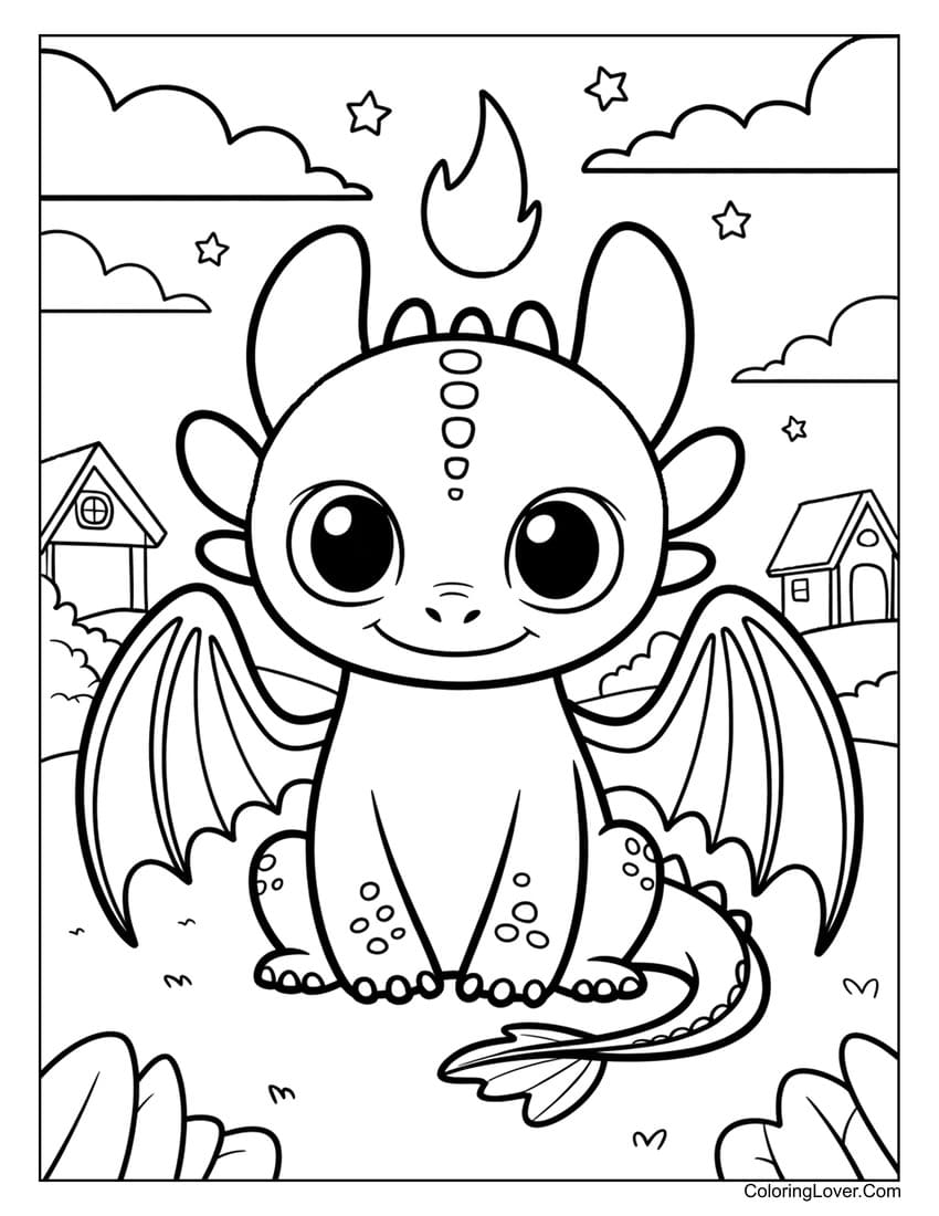 Cute Toothless dragon in night sky coloring page