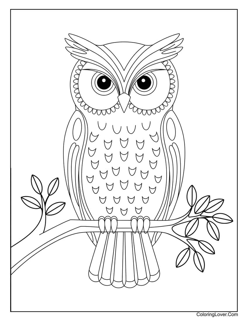 Detailed owl with branch coloring page
