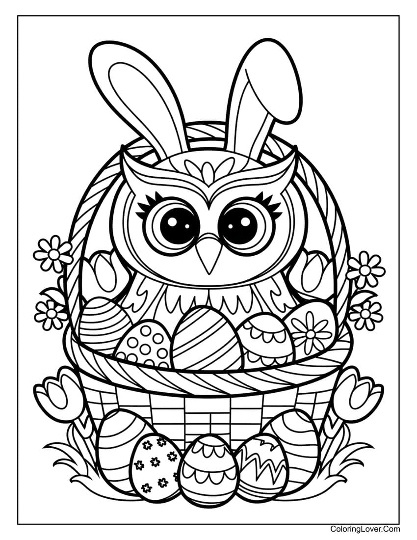 Easter owl in bunny ears coloring page