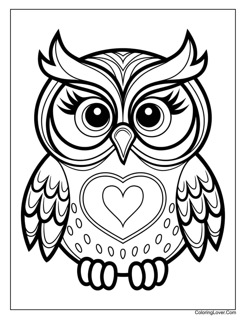 Easy owl with heart coloring page