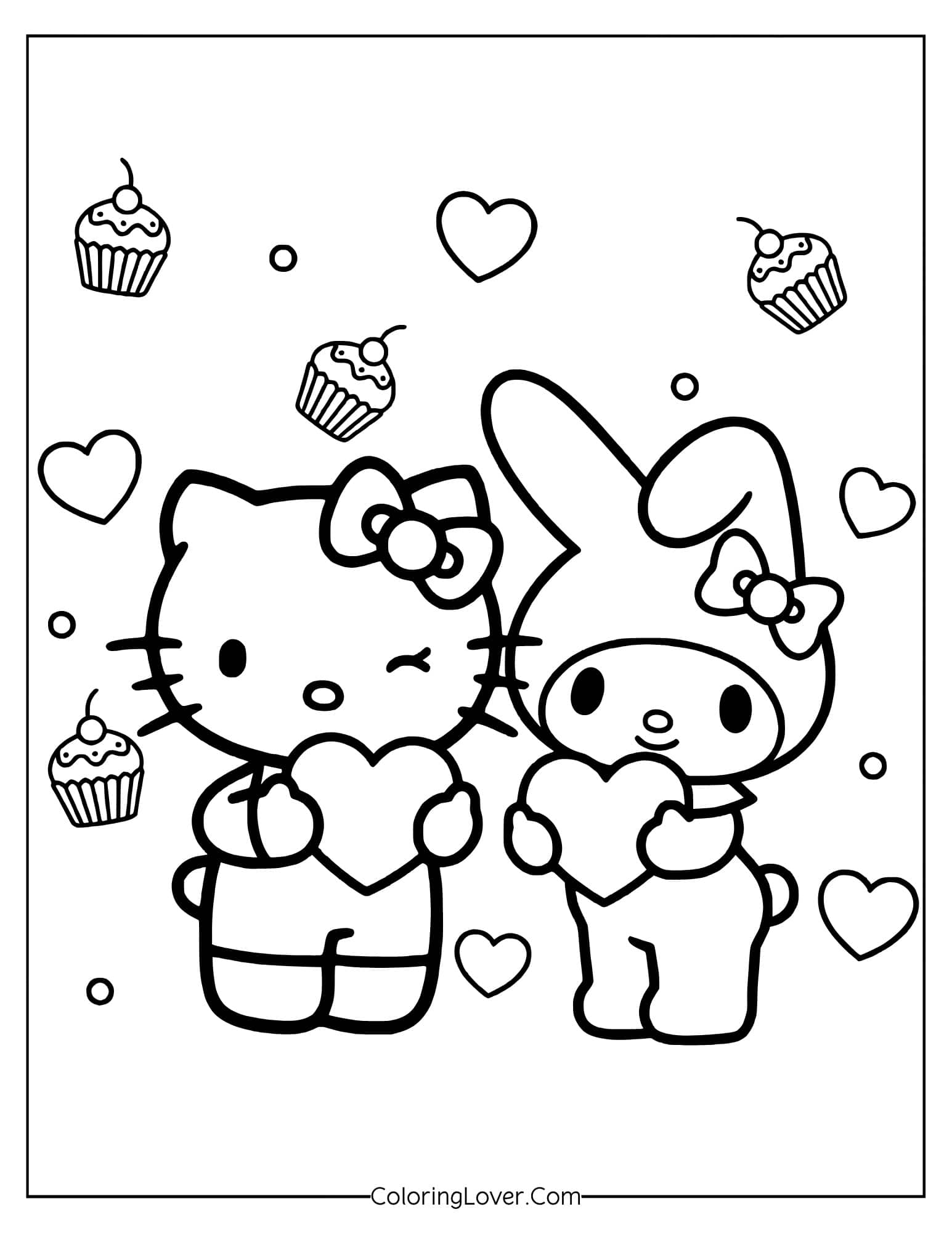 Hello Kitty and My Melody holding hearts surrounded by cupcakes and hearts coloring page