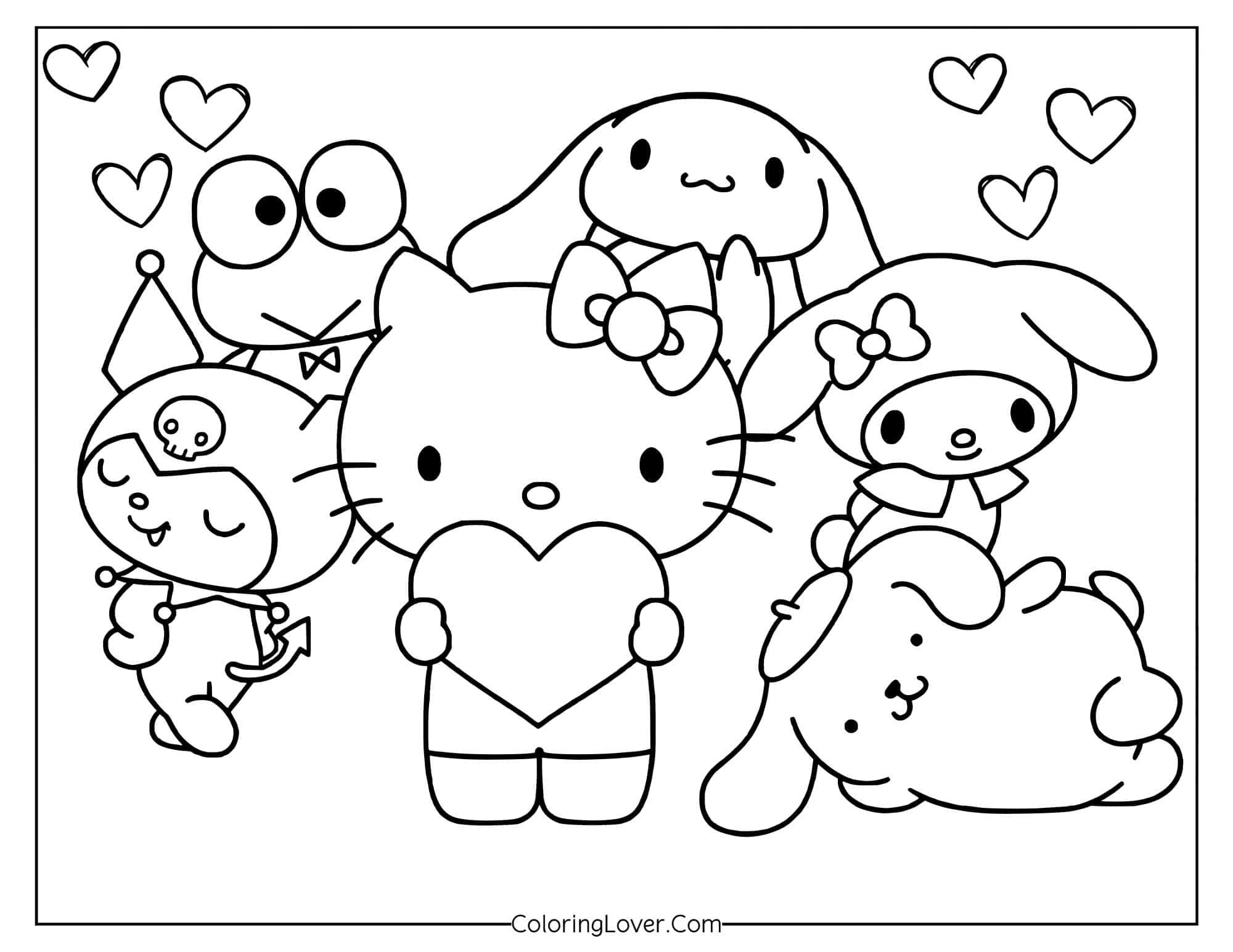 Hello Kitty and Sanrio characters posing together with hearts coloring page