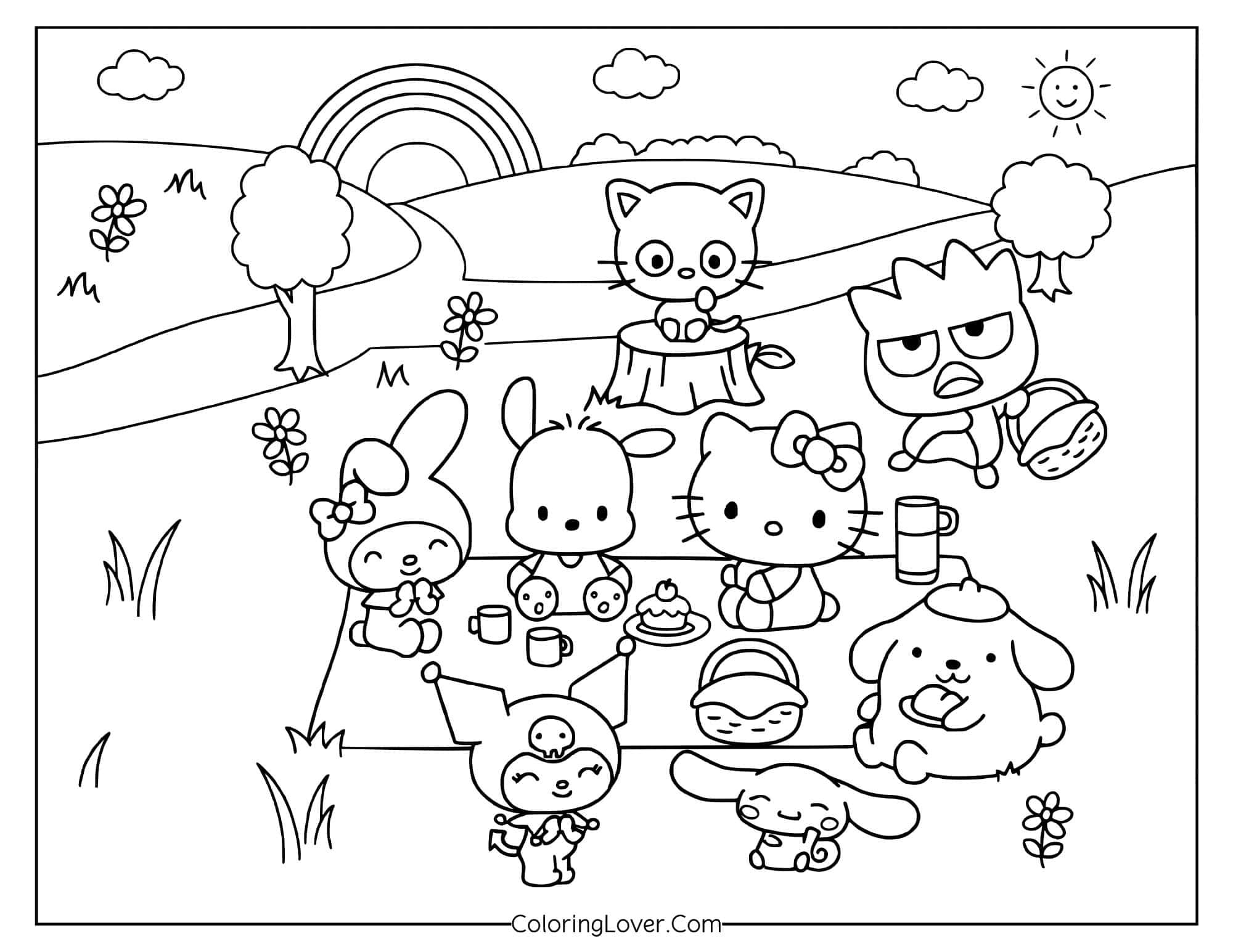 Hello Kitty and Sanrio friends having picnic in nature with rainbow coloring page