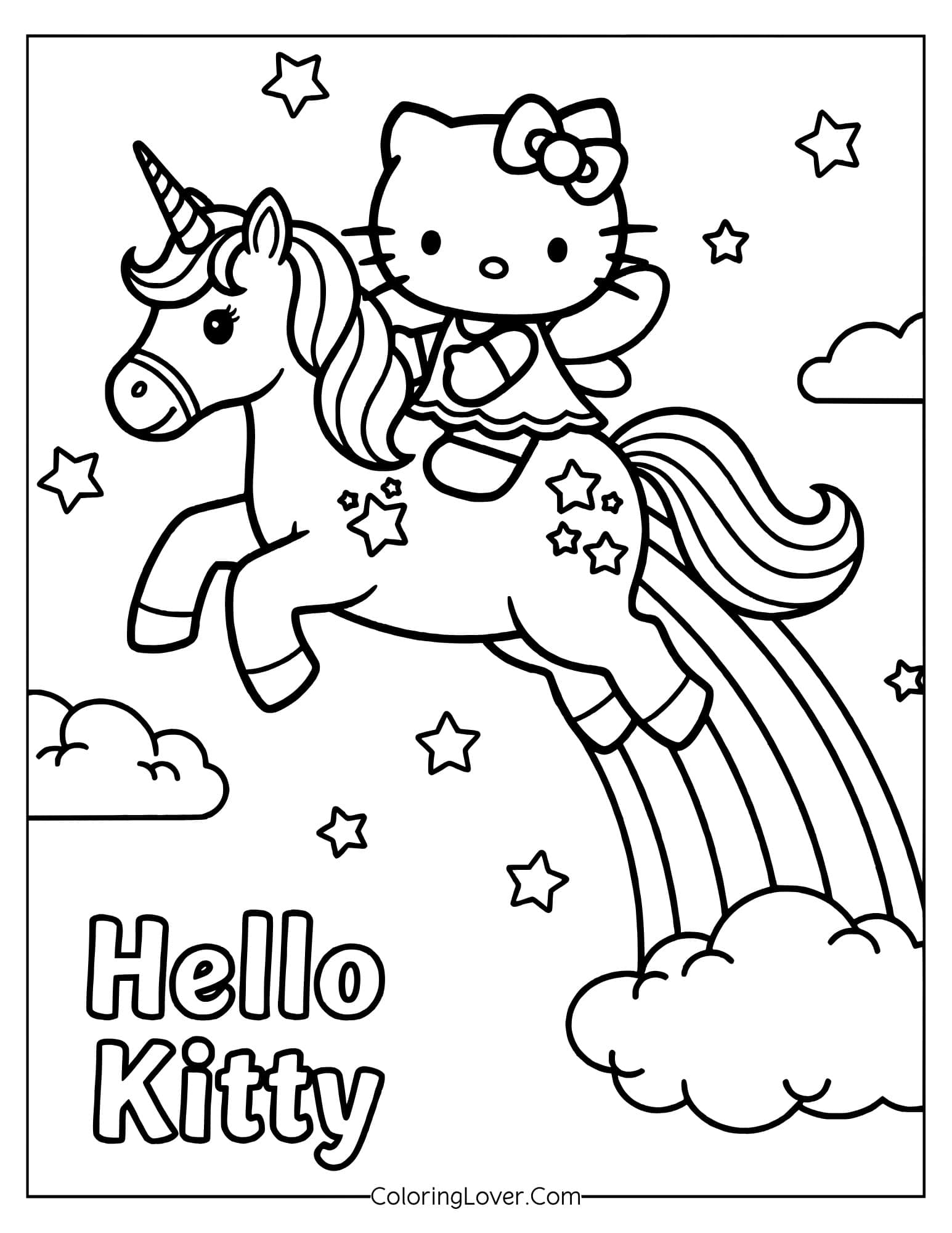 Hello Kitty flying on unicorn over rainbow and stars coloring page