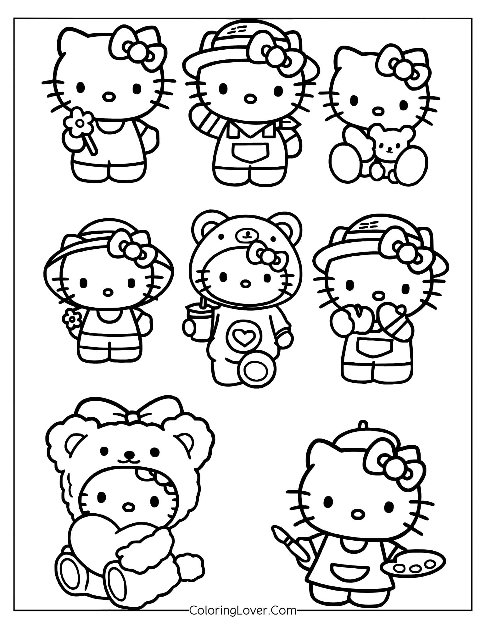 Hello Kitty in cute outfits showing different hobbies and styles coloring page