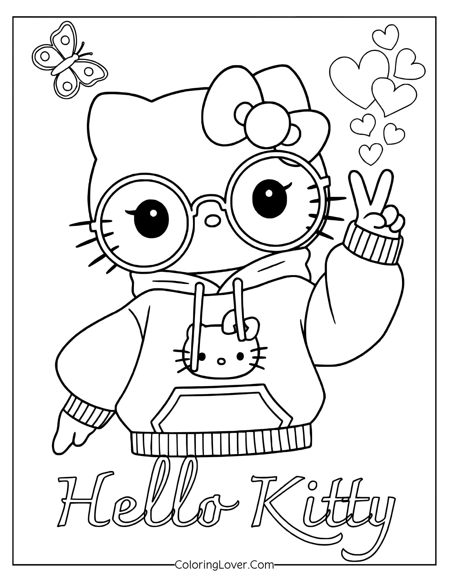 Hello Kitty in glasses making peace sign with hearts and butterfly coloring page