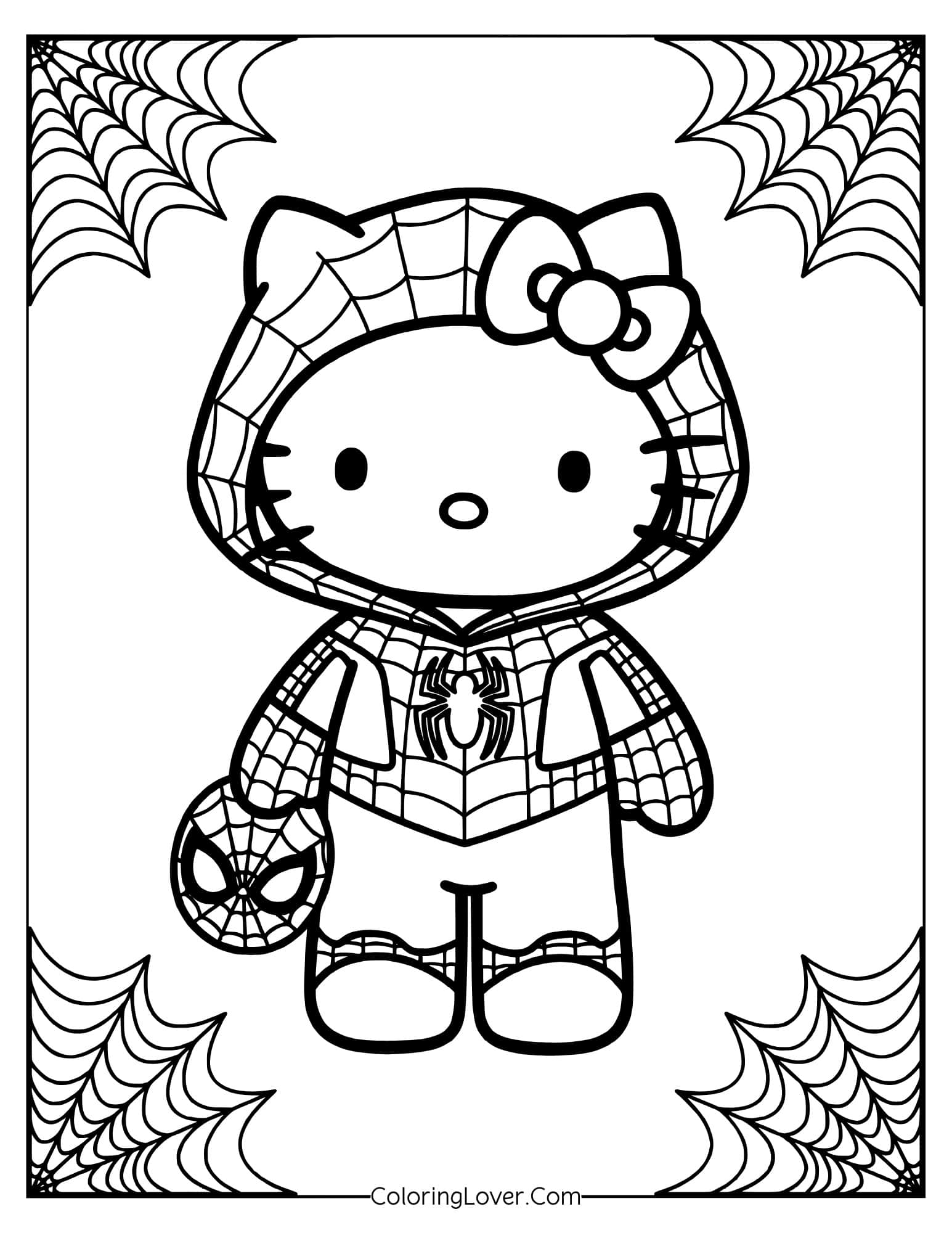 Hello Kitty in Spiderman costume holding mask with web corners coloring page