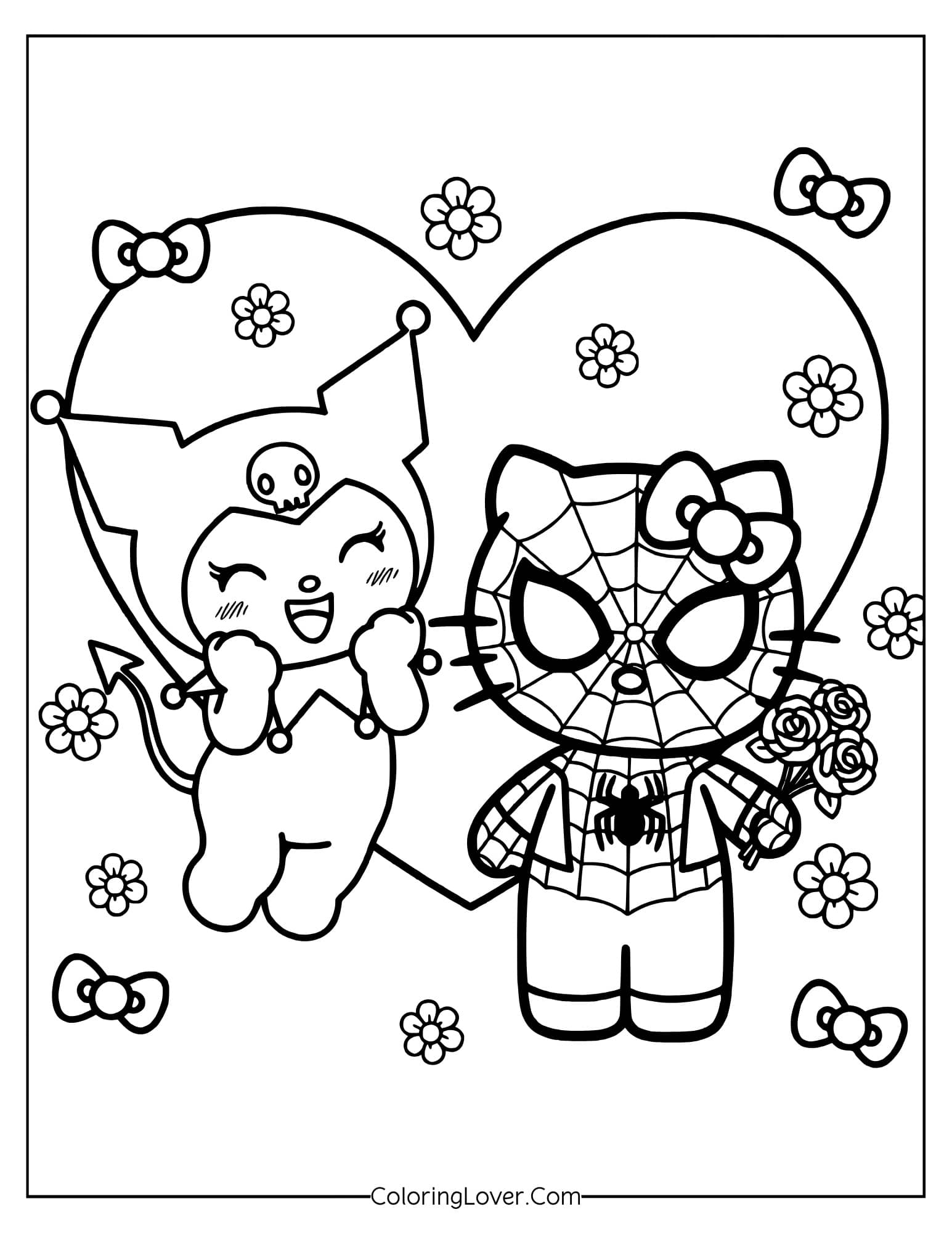 Hello Kitty in Spiderman costume holding roses next to happy Kuromi coloring page