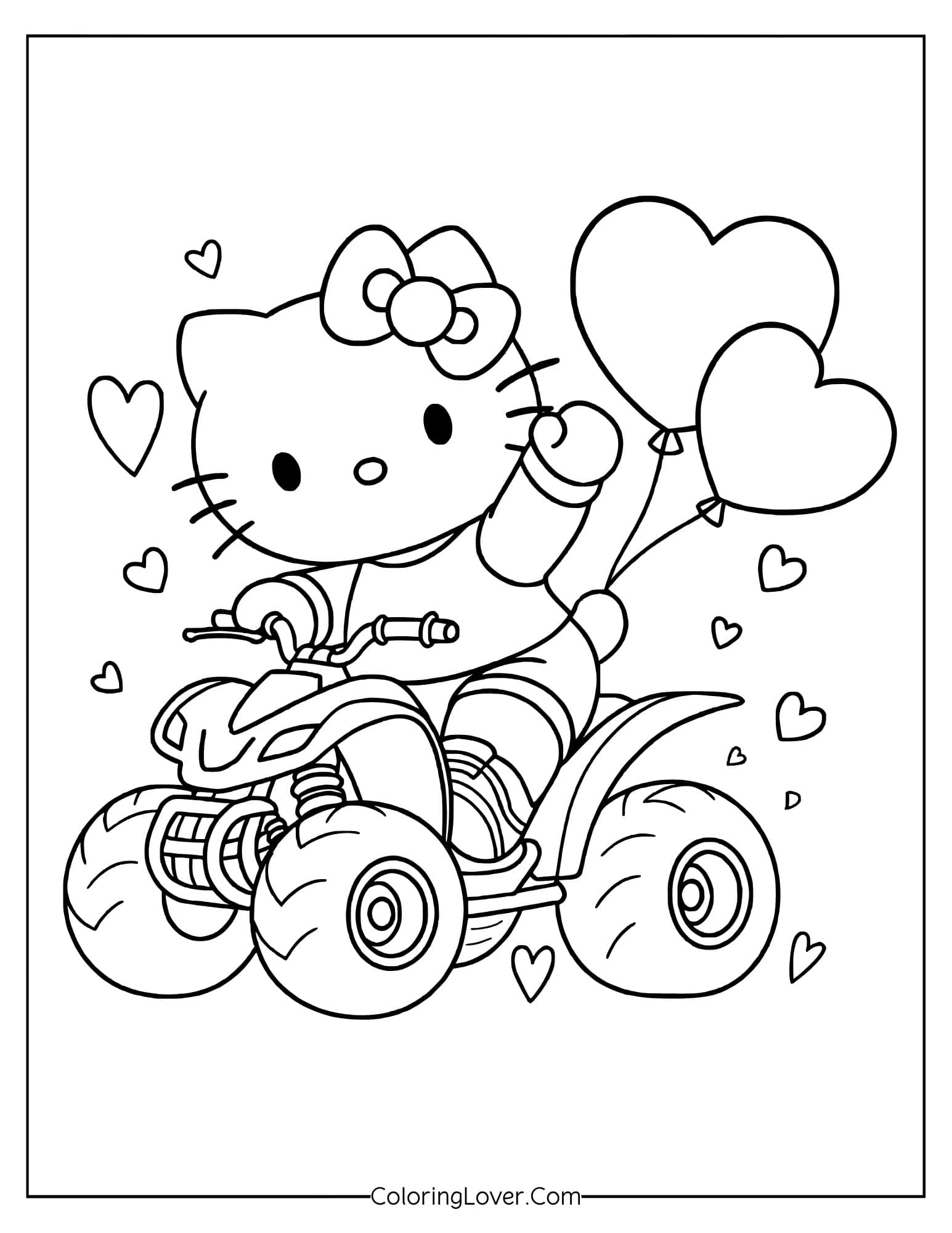 Hello Kitty riding quad bike with heart balloons coloring page
