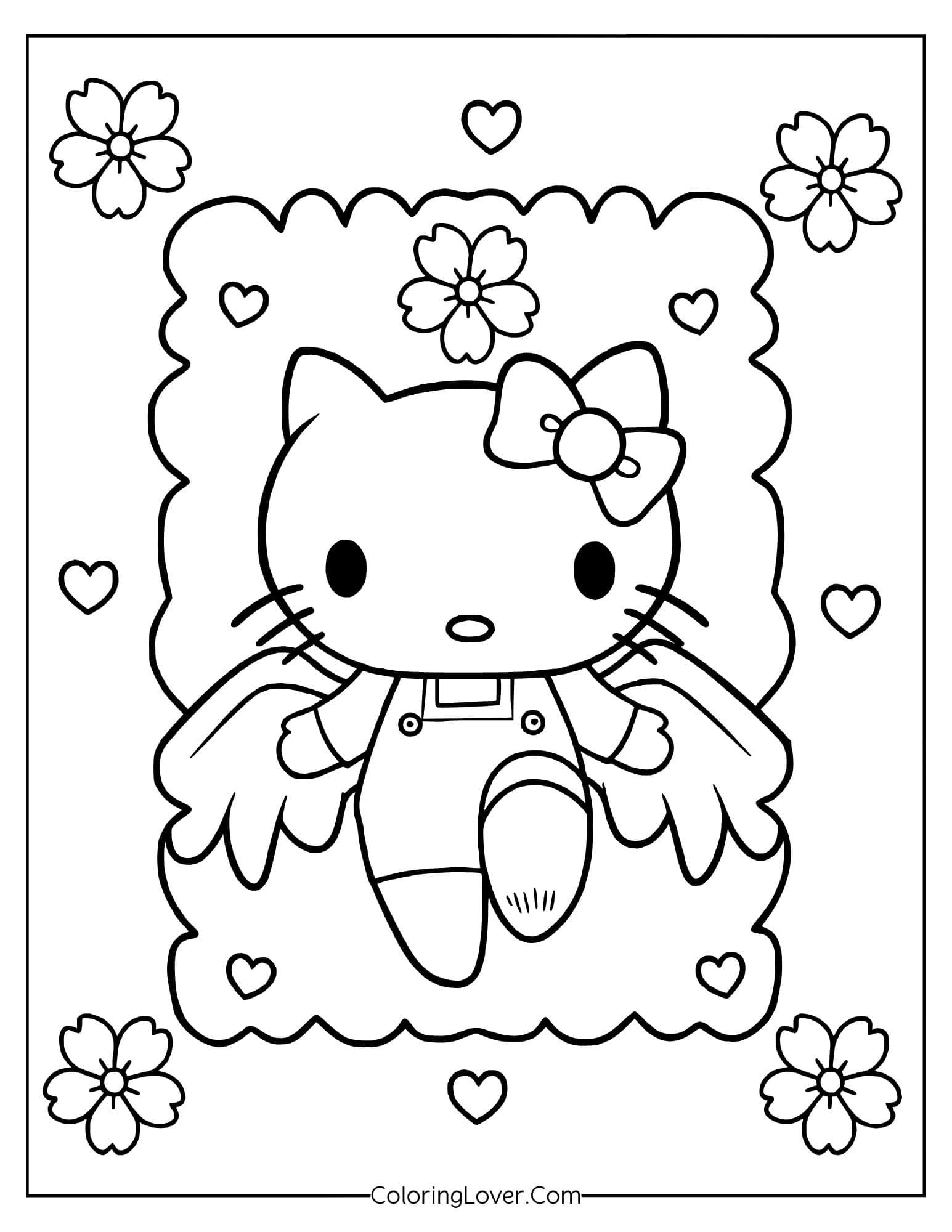 Hello Kitty sleeping on pillow with angel wings and flowers coloring page