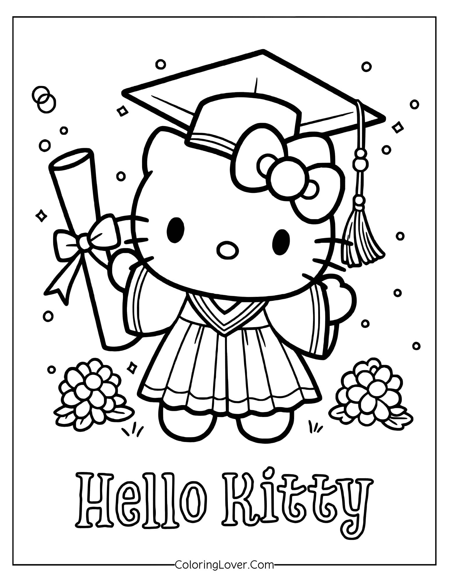 Hello Kitty wearing graduation cap and gown holding diploma coloring page