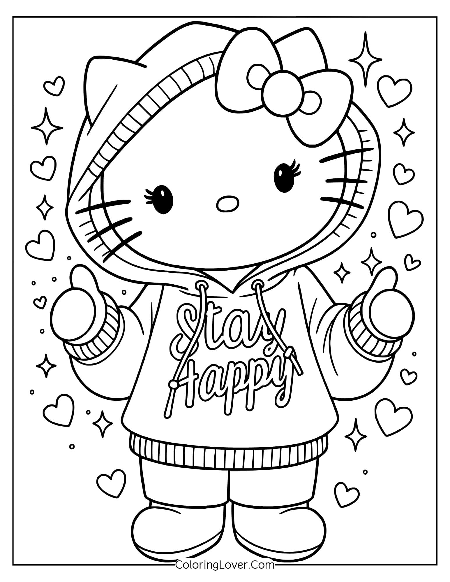 Hello Kitty wearing Stay Happy hoodie with hearts and sparkles coloring page