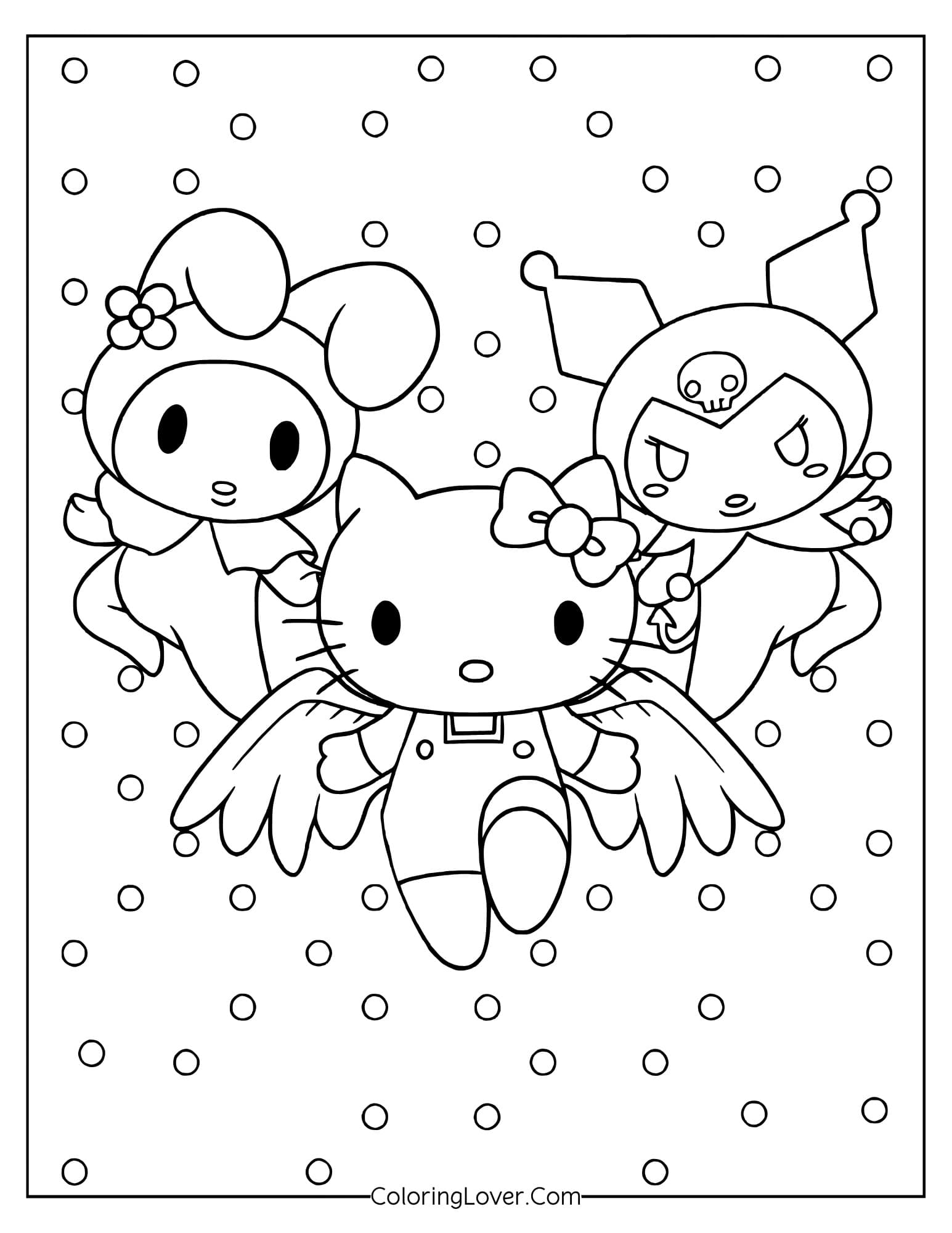 Hello Kitty with angel wings flying beside My Melody and Kuromi coloring page