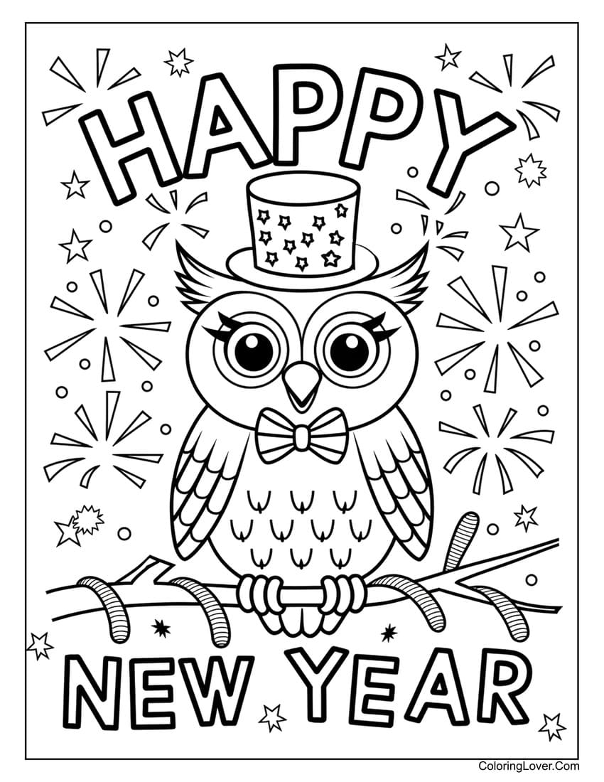 New Year owl with fireworks coloring sheet