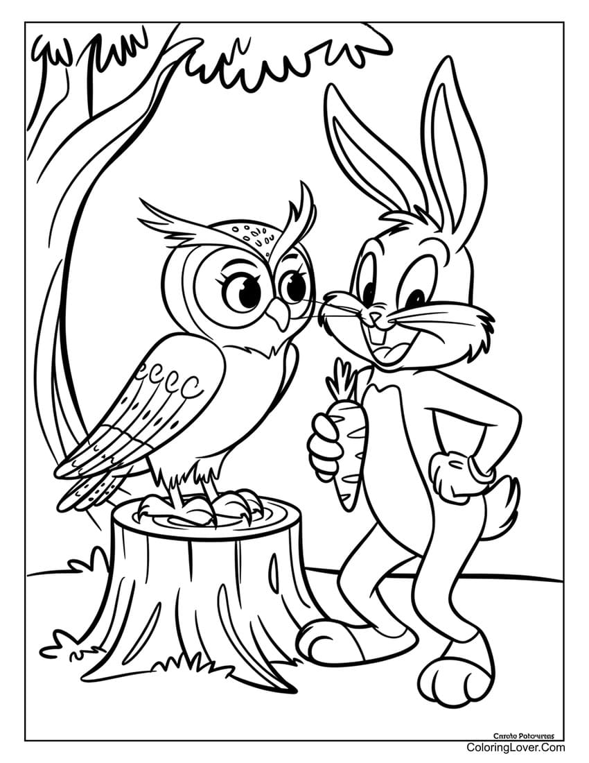 Owl and bunny with carrot coloring sheet