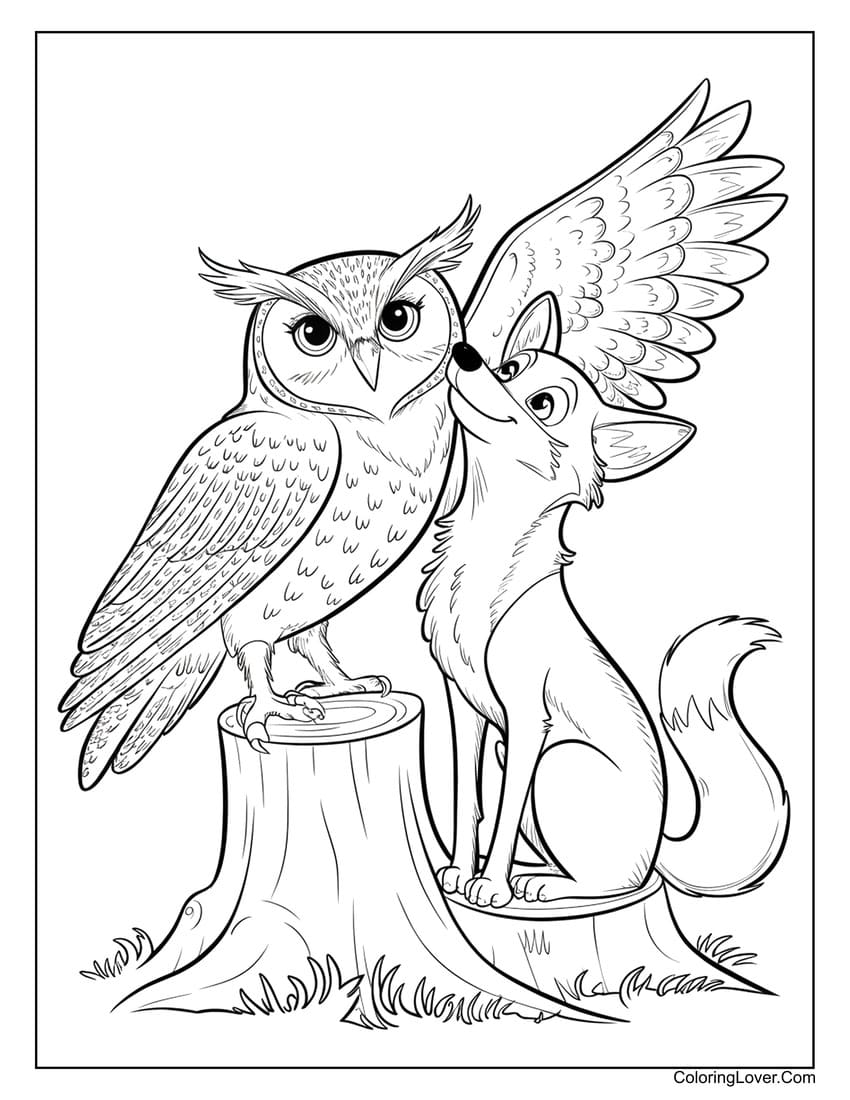 Owl and fox friendship coloring sheet