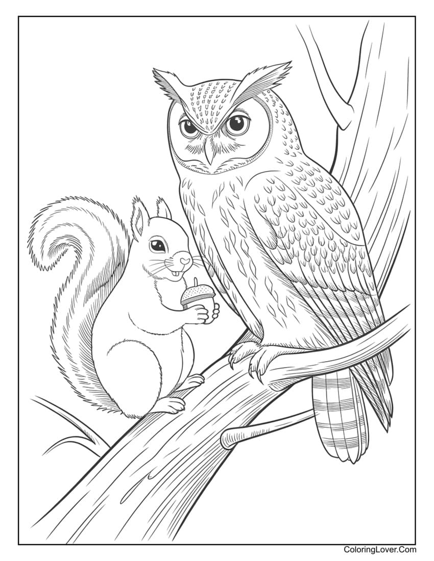 Owl and squirrel on tree coloring page