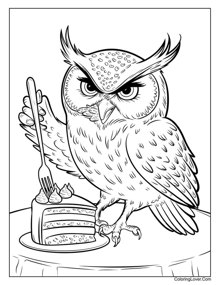 Owl eating cake coloring page for kids