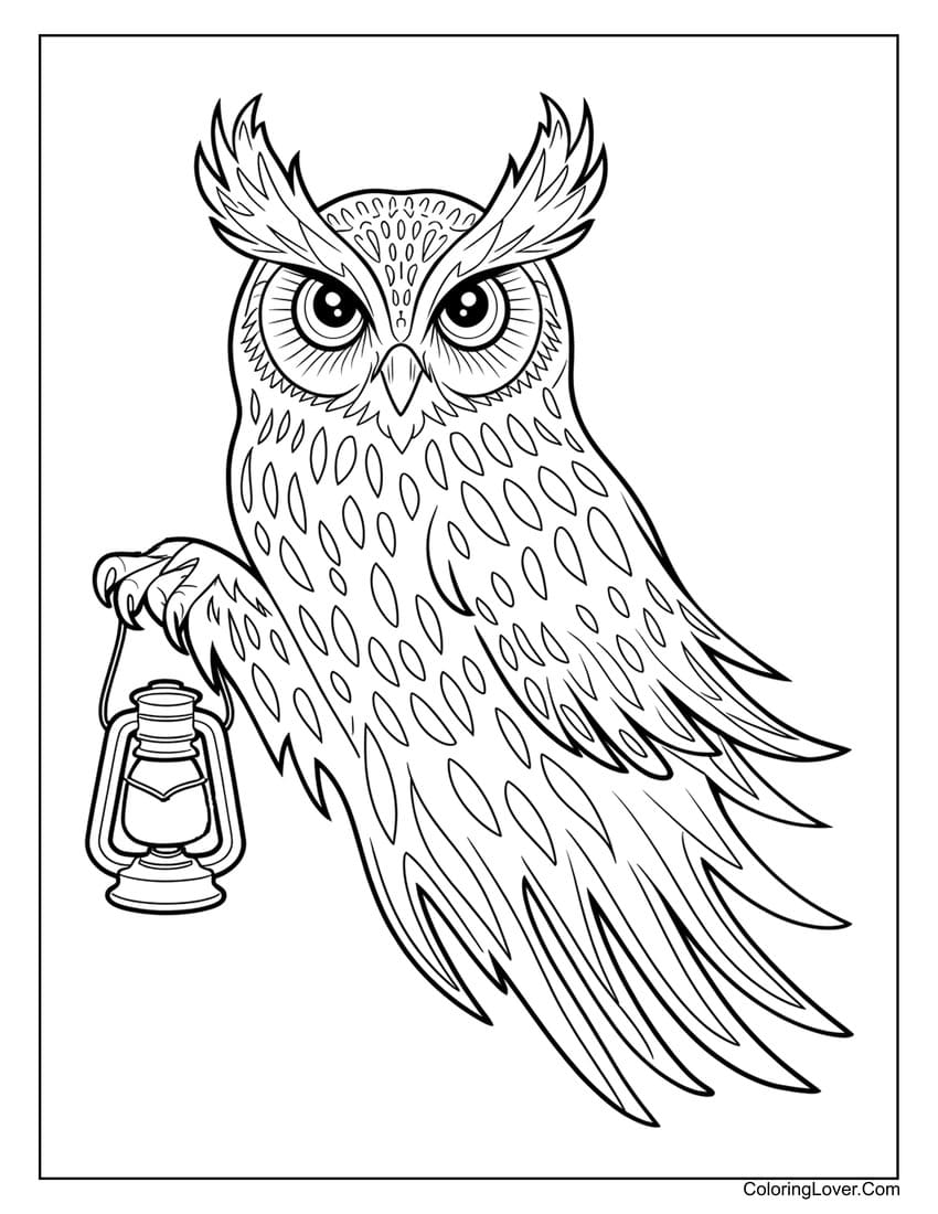 Owl holding lantern coloring sheet