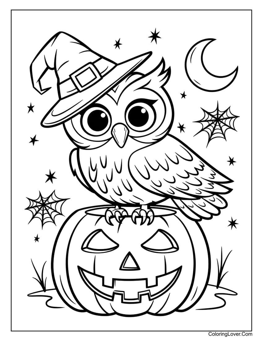 Owl on pumpkin Halloween coloring page
