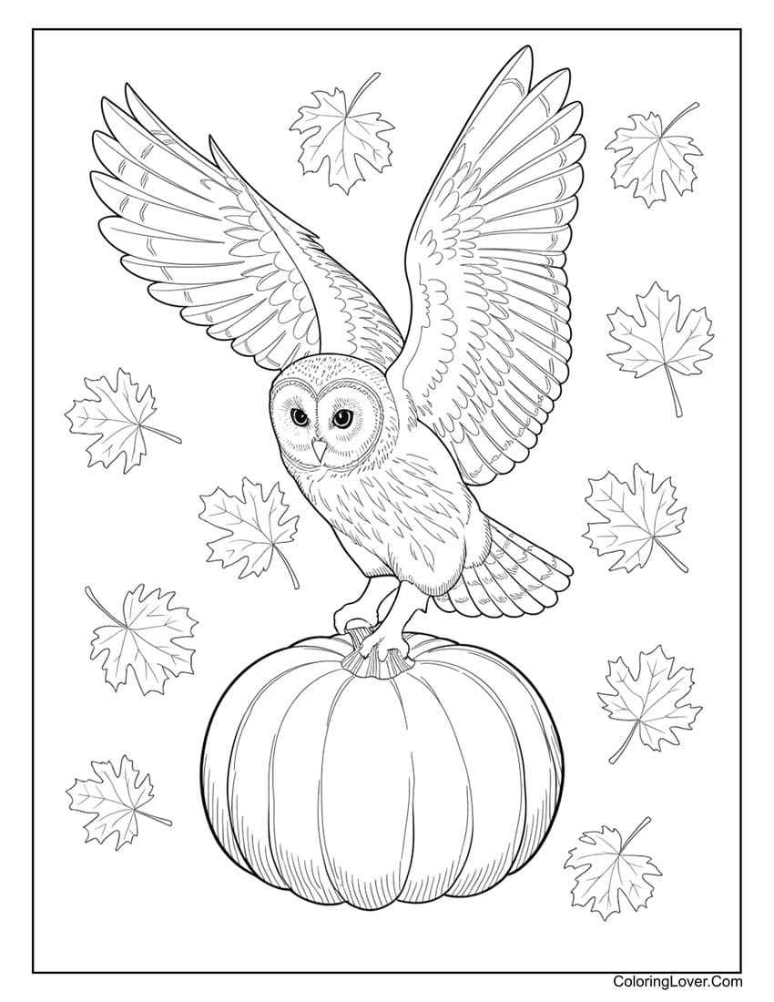 Owl on pumpkin with autumn leaves coloring page