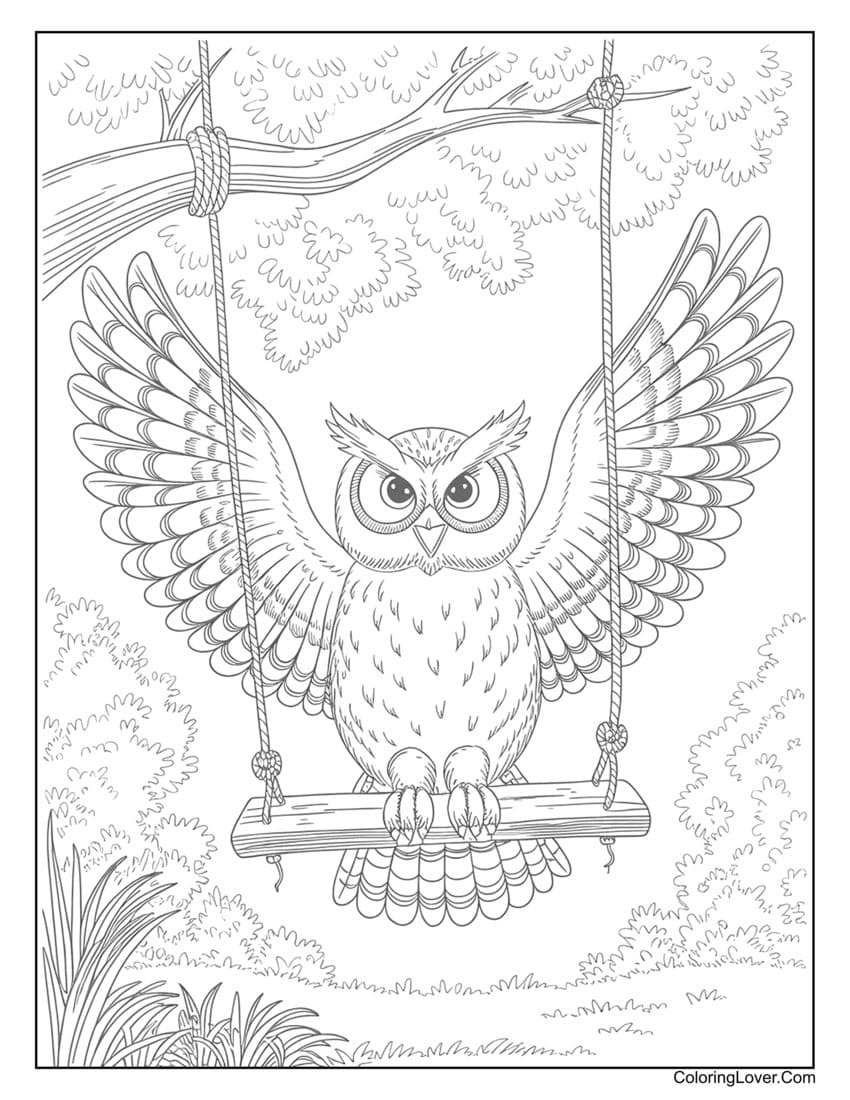 Owl on swing coloring sheet