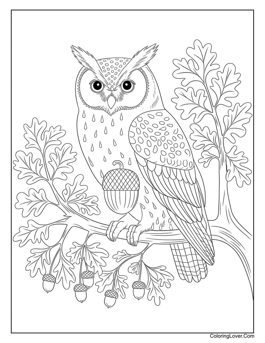 Owl with acorn on oak branch coloring page
