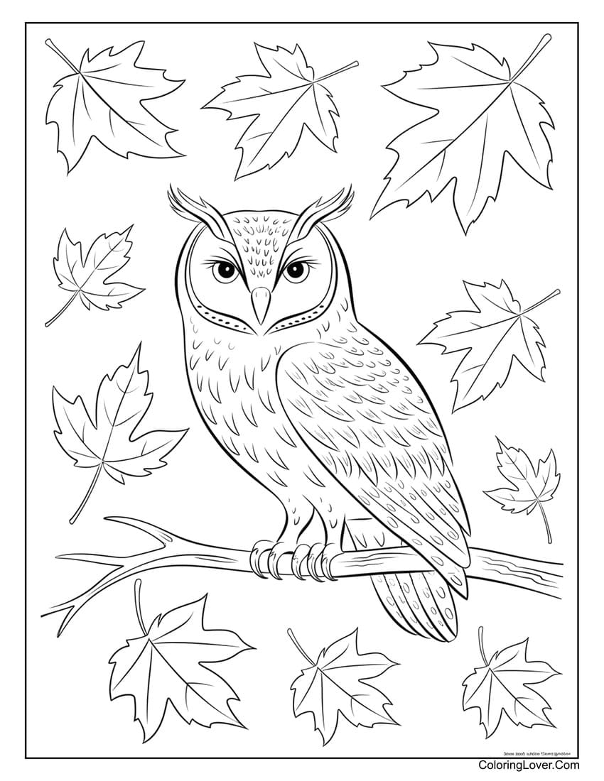 Owl with autumn leaves coloring sheet