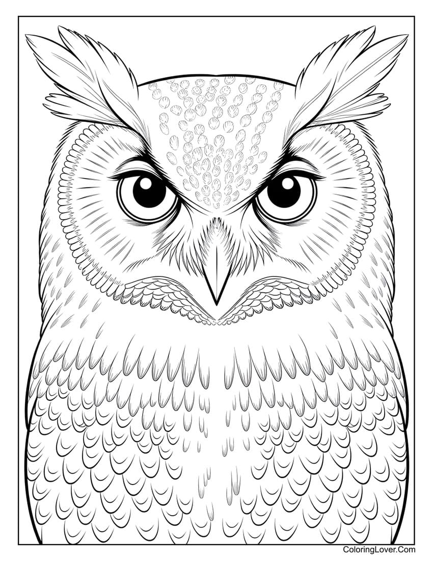 Realistic close-up owl coloring page