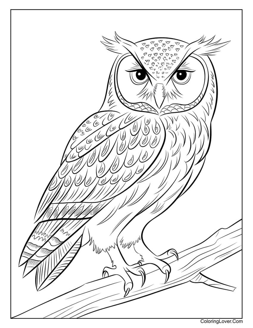 Realistic owl on branch coloring sheet