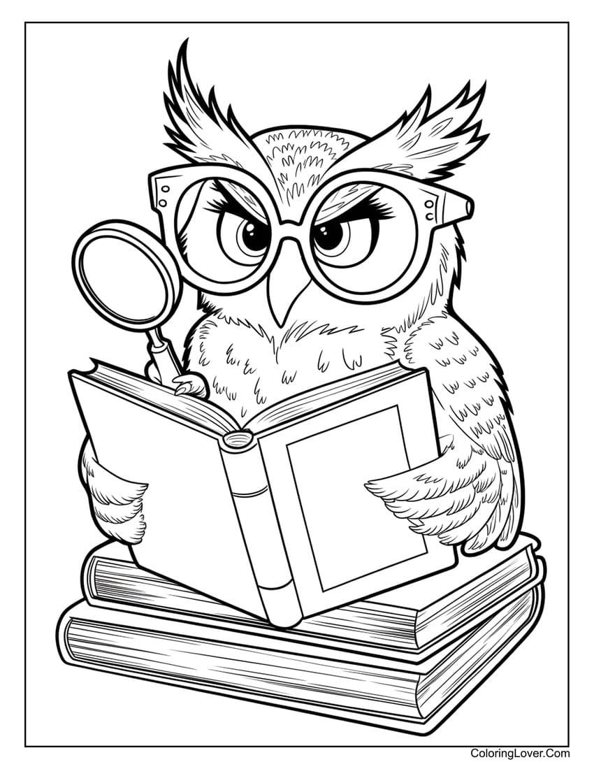 Smart owl reading book coloring page