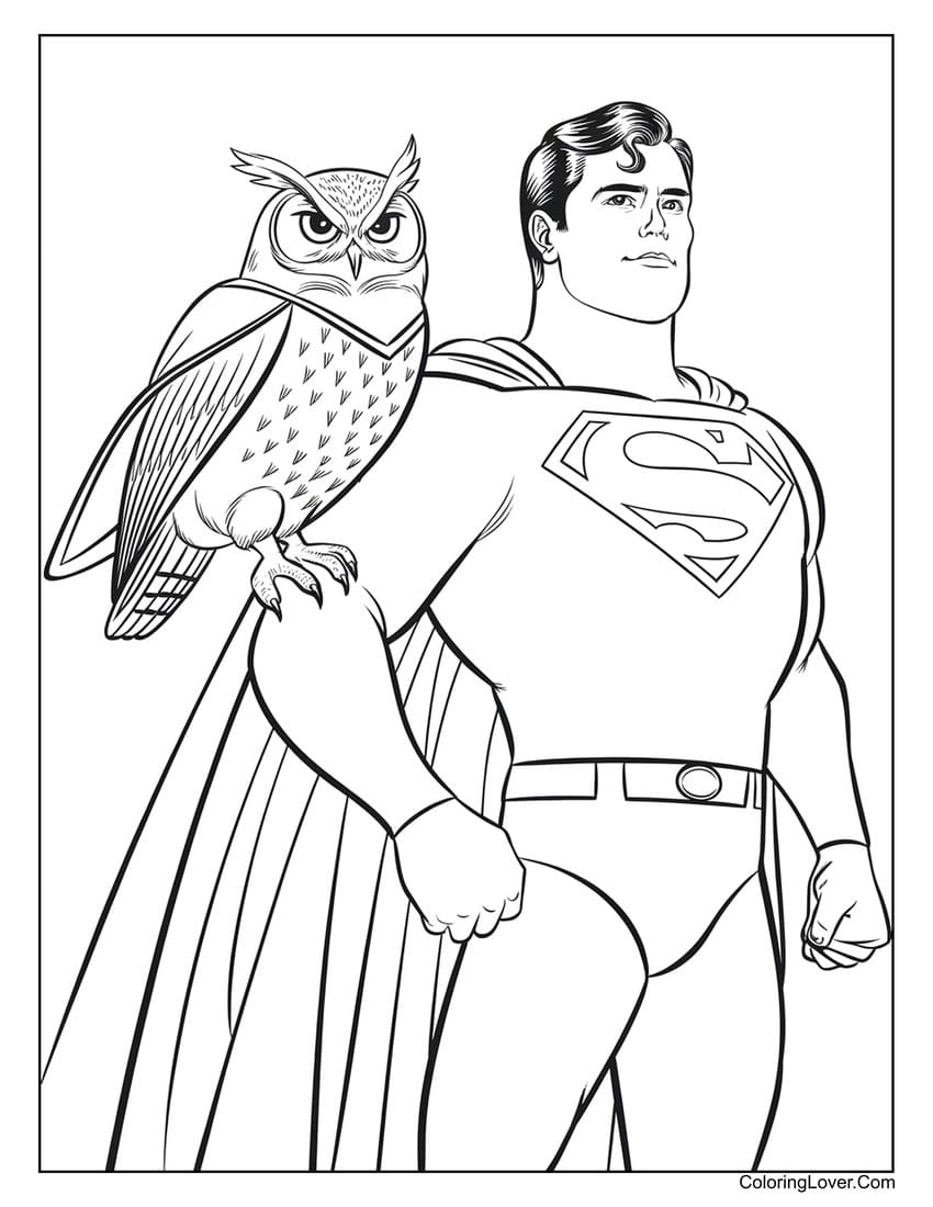 Superman with owl on shoulder coloring page