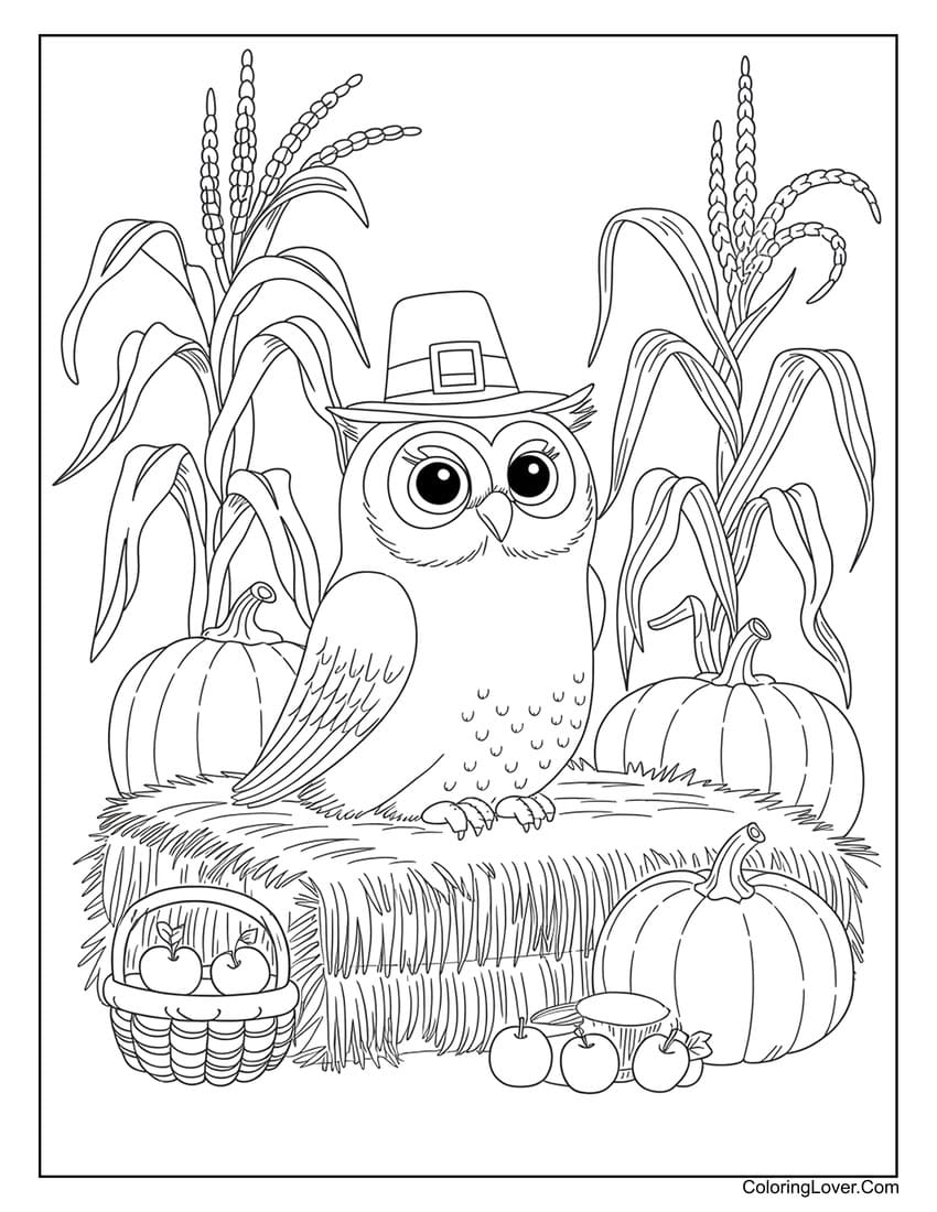 Thanksgiving owl on hay coloring page