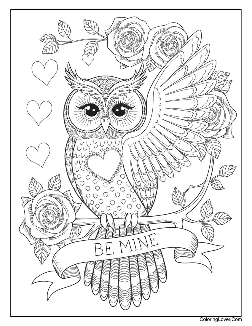 Valentine owl with roses coloring sheet