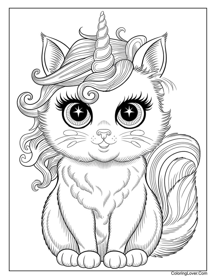 Adorable unicorn cat with curly mane coloring page for girls
