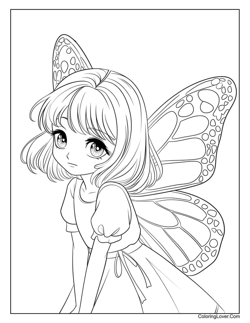 Anime girl with butterfly wings coloring page