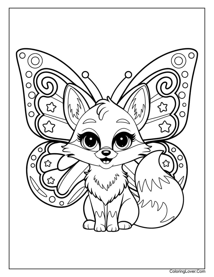 Baby fox with butterfly wings coloring page