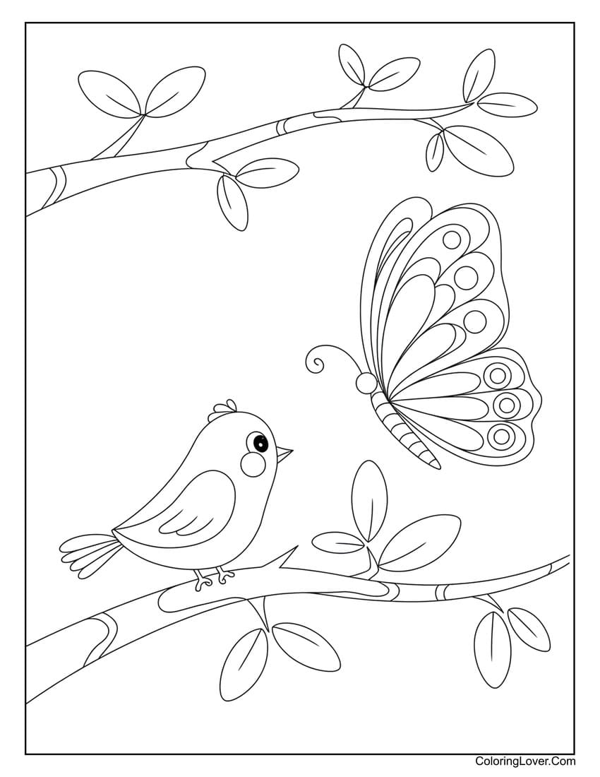Bird and butterfly on tree branches coloring page